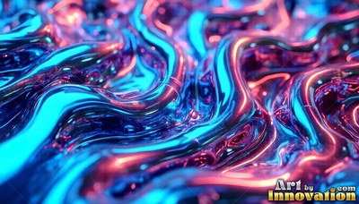 Wavy streams of shiny metallic liquid in bright blue and pink light