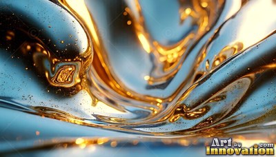 In close-up light, waves of smooth gold fluid ripple over cool blue liquid