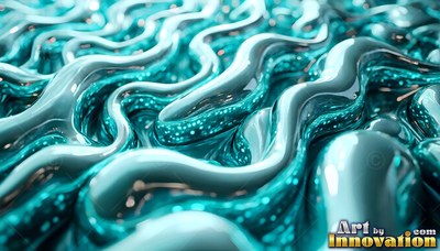 Wavy lines of glossy teal and silver liquid flowing together