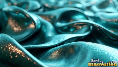 Glittering golden flecks coat curved folds of teal liquid under soft studio light