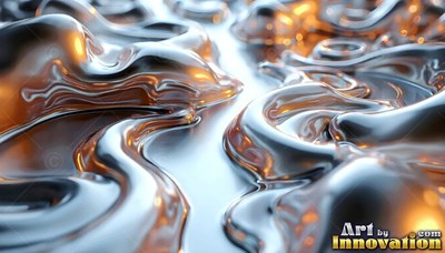 Silver liquid ripples across a surface, reflecting warm amber highlights