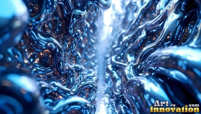 Looking down a narrow canyon of thick blue fluid melting into white light