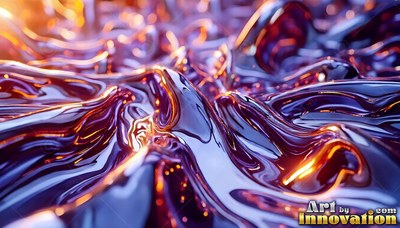 Thick purple liquid swirls into glossy waves lit with warm orange light
