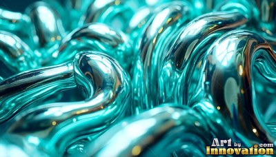 In soft studio light, smooth coils of shiny turquoise fluid curve together