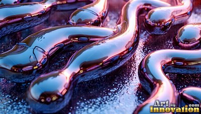 Flowing across a rough surface, curved streams of glossy purple liquid reflect light