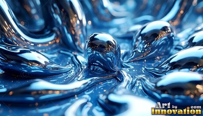 Shiny dark blue liquid metal pooling and swirling in macro close up