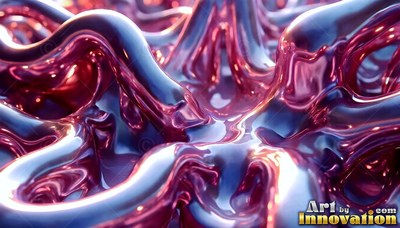 Curving pink ridges form thick splashes of smooth metallic fluid in bright light