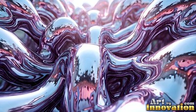 Liquid chrome weaves into rolling waves with bright pink reflections