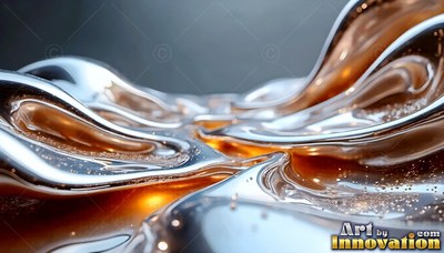 Curving upward in warm light, glossy silver liquid flows into gold pool