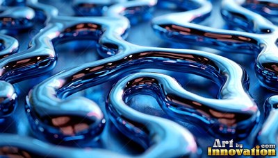 Thick streams of glossy deep blue liquid curve around each other in smooth patterns