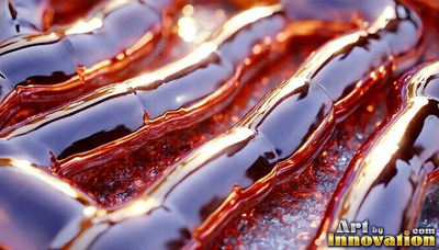 Shining in bright sunlight, thick streams of dark amber liquid flow across gray ice