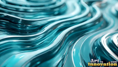 Swirling ridges of shiny teal and white liquid ripples