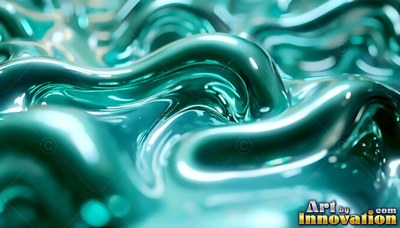 Glossy ripples of teal fluid roll across thick, curving waves under bright light