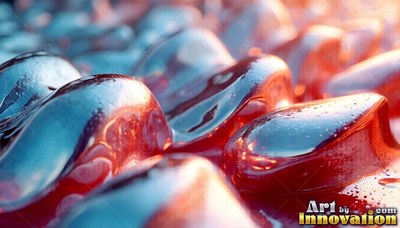 Smooth drops of red gel rise in ripples with soft blue light shining across the curved tops