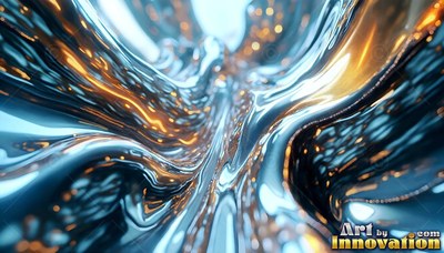 Glossy ripples of dark blue liquid fluid flow toward a bright opening with yellow lights