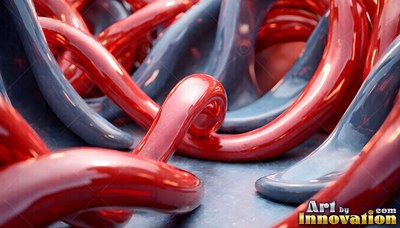 Thick red and gray liquids twist together in glossy curves under bright light