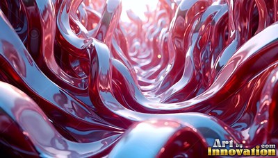 Curving inward from below, glossy red fluid flows into bright white light