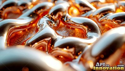 Up close under bright light, smooth gold fluid ripples over glitter