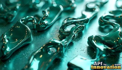 Curling across a flat surface, glossy teal liquid forms wavy trails