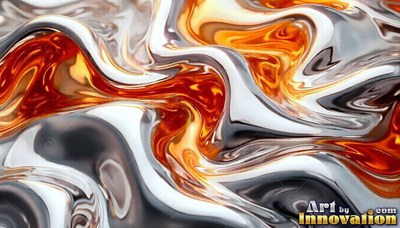 Swirling glossy waves of silver and amber fluid
