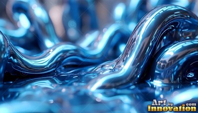 Smooth metallic waves curve across deep blue liquid streams in soft cool light