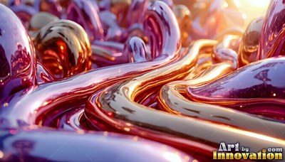 Glossy purple and gold liquid twists into smooth ribbons under bright warm sunlight