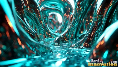Arched low inside a cave, smooth teal liquid forms a reflective tunnel