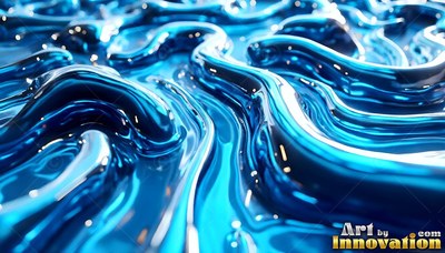 Thick dark blue liquid flows and curves into shiny, smooth waves across the surface