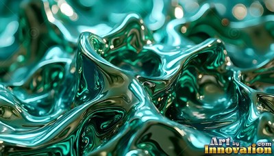 In a close view, shiny teal liquid gathers into smooth peaks under bright light