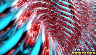 Twisting in tight ridges, red and cyan glass fluids reflect bright studio light