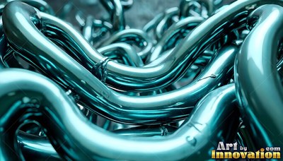 Smooth teal metallic liquid twists and loops across a dark, shadowed space