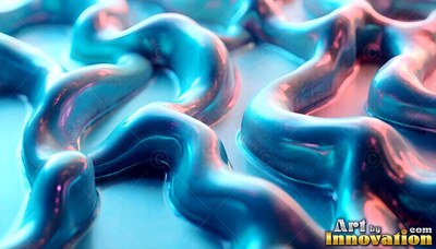 Curving across a surface, glossy liquid ridges twist in warm light