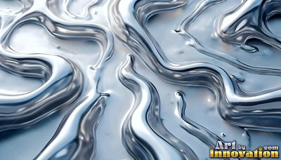 Across a bright surface, liquid silver chrome flows in smooth waves