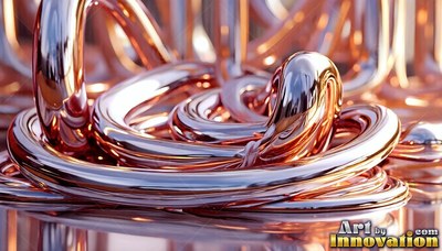 Shiny copper tubes curve into tangled loops over a reflective surface in soft light