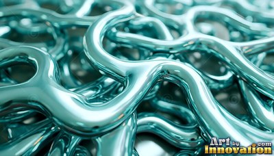 Teal liquid metal twists into rounded tubes that catch bright white light
