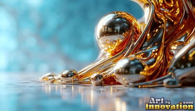 Shiny gold liquid splashes into smooth balls over a pale blue background
