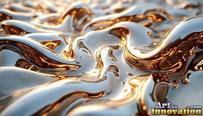 Under warm light, smooth liquid gold swirls into thick shiny ripples