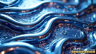 Flowing in smooth curves, shiny liquid ripples past tiny water droplets
