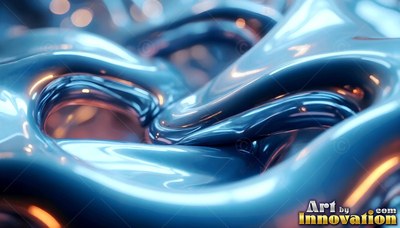 Glossy blue liquid folds across the frame under warm orange lighting