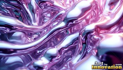 Curving close up, shiny pink chrome fluid twists in bright light