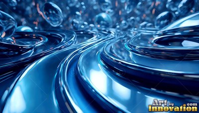 Blue metallic liquid ripples into smooth curves under clear drops