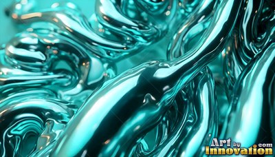 Swirling in bright light, metallic teal fluid gathers into smooth rounded ribbons
