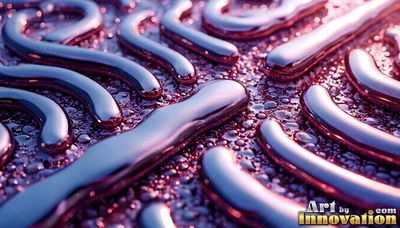 Shiny purple liquid metal streams over small drops in bright light