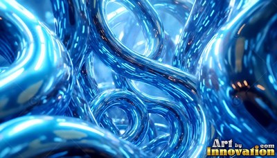 Reflective curves of shiny blue fluid loop through a bright, shallow space
