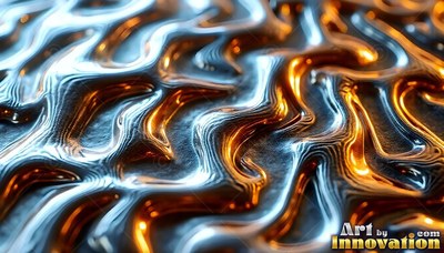 Liquid ripples flow in wavy ridges, reflecting cool blue and warm orange light