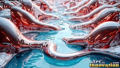Curving along a light blue pool, rows of shiny copper fluid rise up