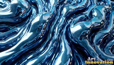 Thick blue metallic liquid ripples and folds in glossy waves