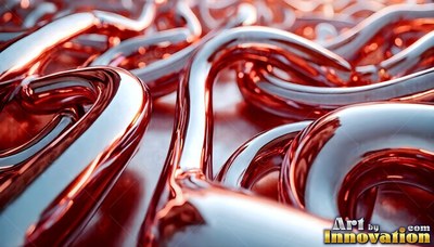 In bright light, thick loops of shiny red liquid curve and twist together