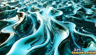 Rippling in shiny ridges, metallic teal liquid spreads across the surface under bright light
