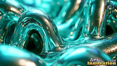 Teal shiny liquid curving into thick rounded waves